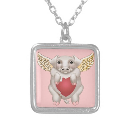 Flying Pig Love square necklace