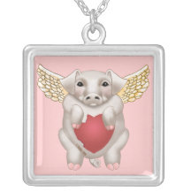 Flying Pig Love square necklace