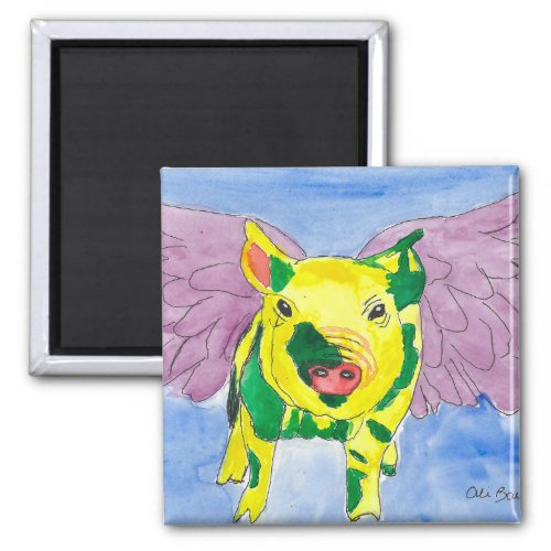 Flying Pig Named Ozzy the Pigasus Watercolor Paint Magnet