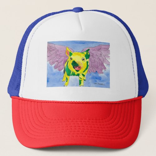 Flying Pig Named Ozzy the Pigasus Watercolor Paint Trucker Hat