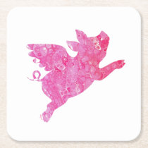 Flying Pig, Pig Art, Pig decor, Square Paper Coaster