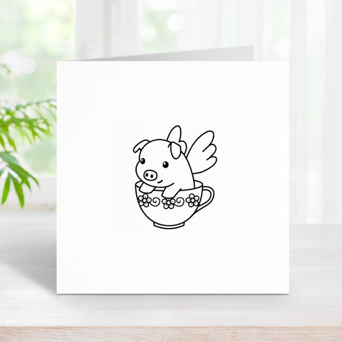 Flying Pig _ Piglet with Wings in a Teacup 2 Rubber Stamp