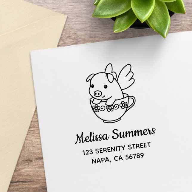 Flying Pig - Piglet with Wings in a Teacup Address Rubber Stamp (Creator Uploaded)