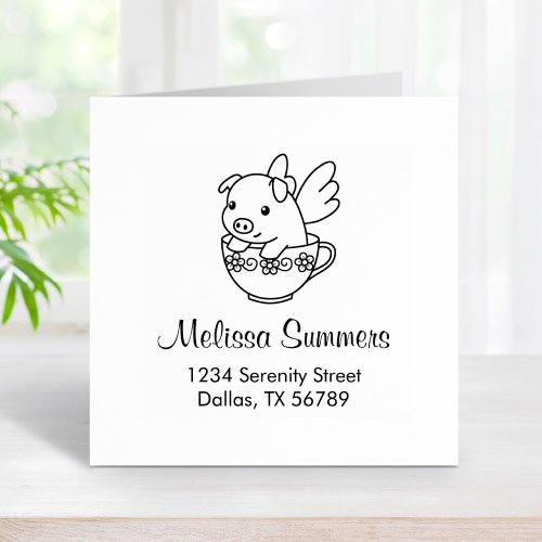 Flying Pig _ Piglet with Wings in a Teacup Address Rubber Stamp