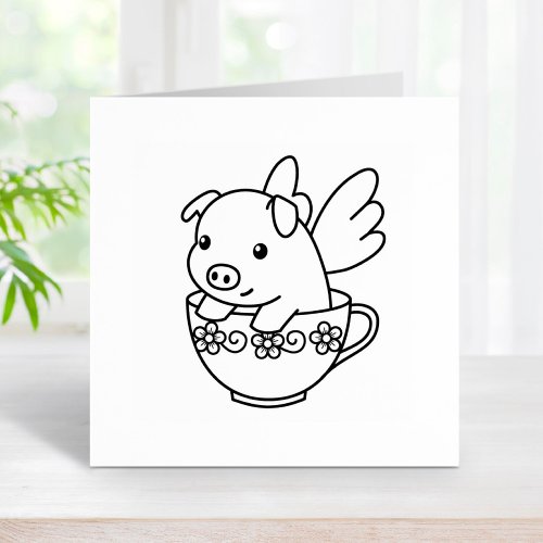 Flying Pig _ Piglet with Wings in a Teacup Rubber Stamp
