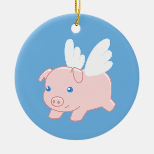 Flying Pig _ Piglet with Wings on Blue Ceramic Ornament