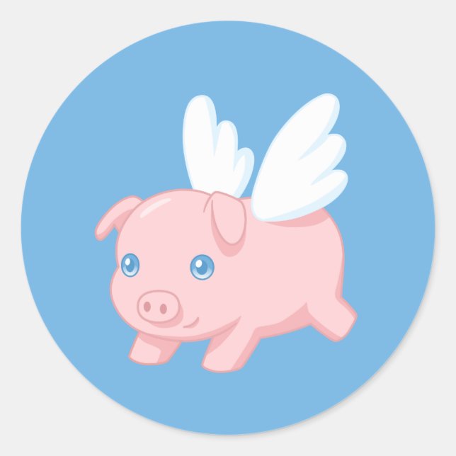 Flying Pig Piglet with Wings on Blue Classic Round Sticker (Front)