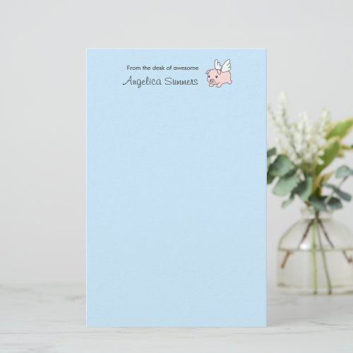 Flying Pig _ Piglet with Wings on Blue Stationery