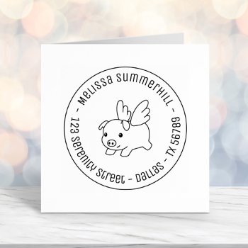 Flying Pig - Piglet With Wings Round Address 1 Self-inking Stamp by Chibibi at Zazzle