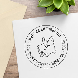 Flying Pig, Piglet with Wings Round Address 3 Rubber Stamp