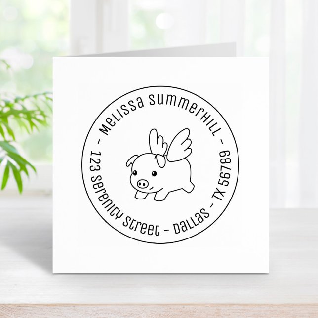 Flying Pig, Piglet with Wings Round Address 3 Rubber Stamp (Creator Uploaded)