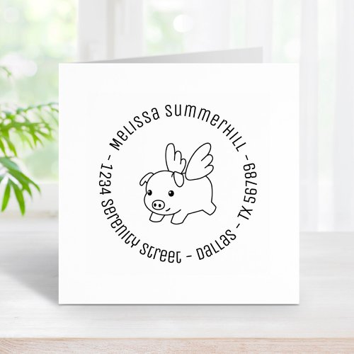 Flying Pig Piglet with Wings Round Address 4 Rubber Stamp