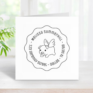 Flying Pig, Piglet with Wings Round Address Wavy Rubber Stamp