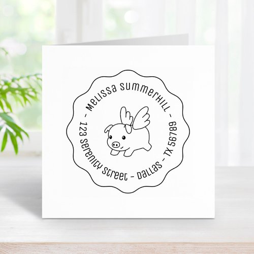 Flying Pig Piglet with Wings Round Address Wavy Rubber Stamp