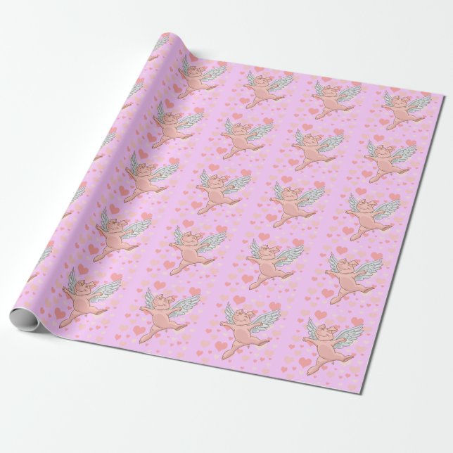 Flying Pig & Pink Hearts Wrapping Paper (Unrolled)
