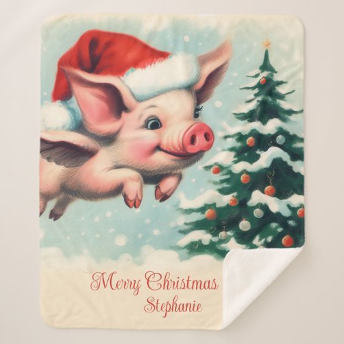 Flying Pig Santa Christmas  Sherpa Blanket