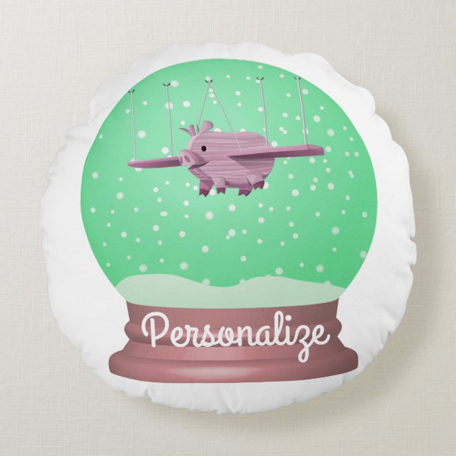 Flying pig snow globe round pillow (Front)