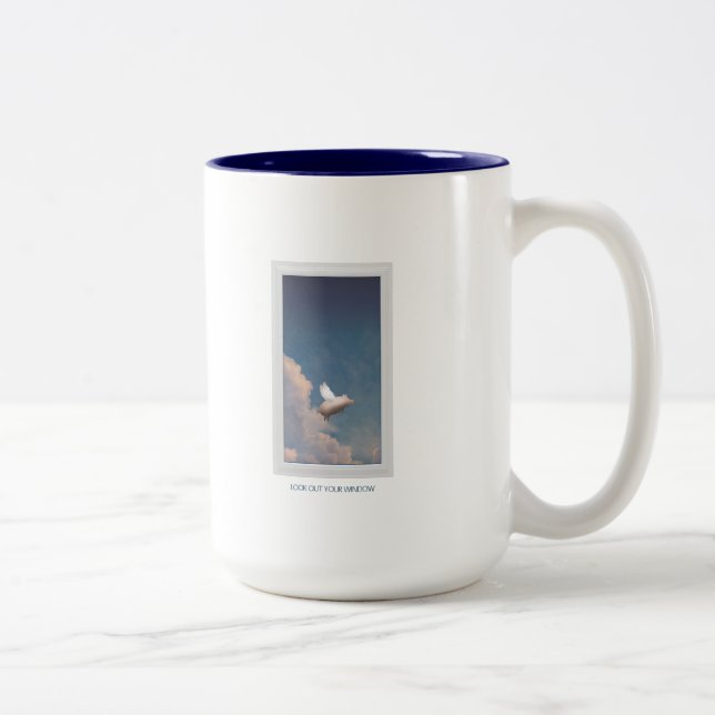 flying pig through window Two-Tone coffee mug (Right)