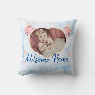 Flying Pig Wing Baby Photo Heart Throw Pillow