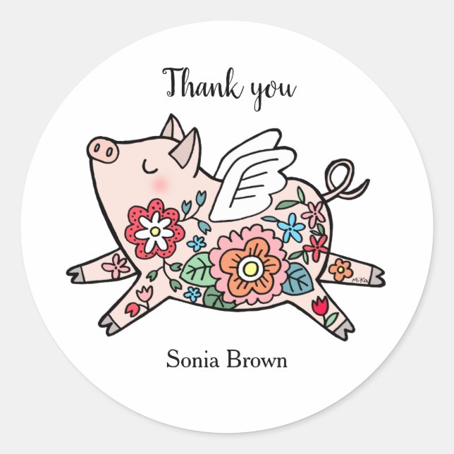 Flying Pig with Floral pattern Cute pig custom Classic Round Sticker (Front)