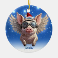 Flying Pig with Santa Cap Personalized Ornament