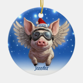 Flying Pig with Santa Cap Personalized Ornament