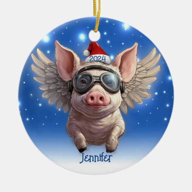 Flying Pig with Santa Cap Personalized Ornament (Front)
