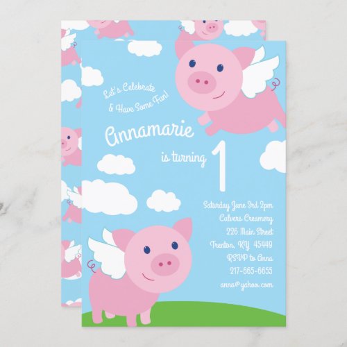 Flying Pigs 1st Birthday Cute Invitations