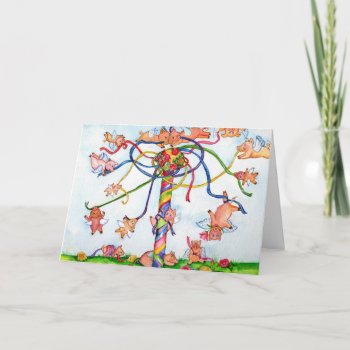 Flying Pigs Around The Maypole Card by sharonfosterart at Zazzle