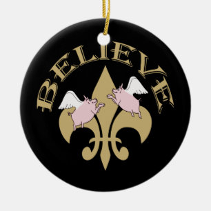Flying Pigs Believe Black Gold Fleur de Lis Ceramic Ornament