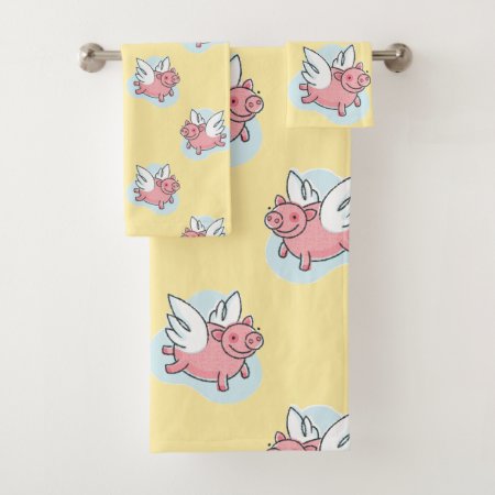 Flying Pigs Chinese Year Birthday Yellow Bath T Bath Towel Set