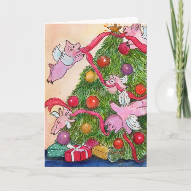 Flying Pigs Decorate Christmas Tree Card (Front)