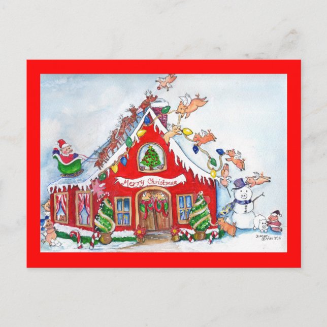 Flying Pigs Decorate the House for Christmas Postc Holiday Postcard (Front)