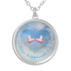 Flying Pigs Kissing-Believe In Unbelievable Love Silver Plated Necklace