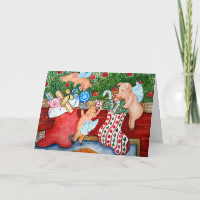 Flying Pigs Stuff Stockings Holiday Card (Front)