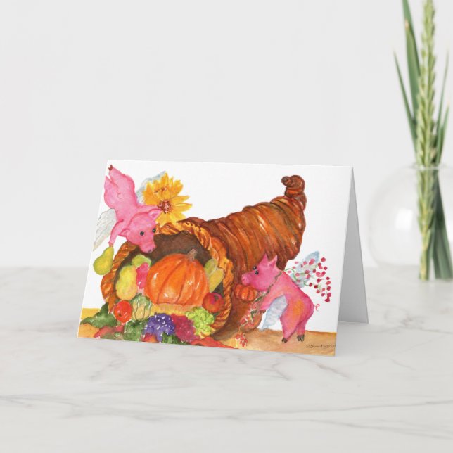 Flying Pigs Thanksgiving Cornucopia Horn Of Plenty Holiday Card (Front)