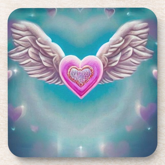 Flying Pink Heart Beverage Coaster (Front)