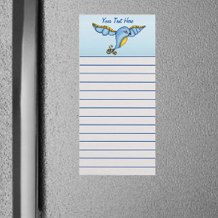 Flying Pretty bluebird Yellow Scroll Tail on Blue Magnetic Notepad