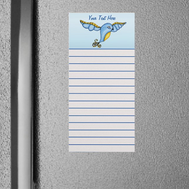 Flying Pretty bluebird Yellow Scroll Tail on Blue Magnetic Notepad (flying fantasy blue and yellow bird with scrolled tail on magnetic notepad for frig.)