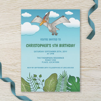 Flying Pteranodon Dinosaur Blue Sky Birthday Party Invitation