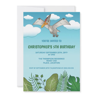 Flying Pteranodon Dinosaur Blue Sky Birthday Party Invitation
