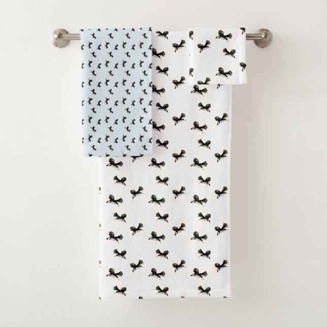 Flying Puffins Seaside Birds Custom Color Bath Towel Set (Insitu)