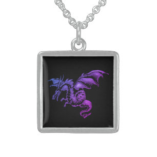 Flying Purple Dragon Against Black Sterling Silver Necklace