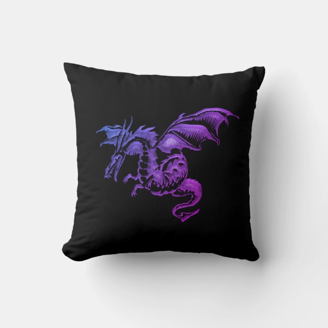 Flying Purple Dragon Against Black Throw Pillow (Front)