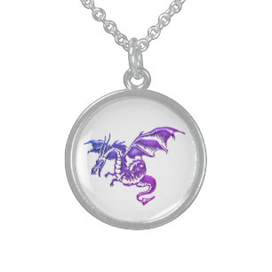 Flying Purple Dragon Against White Sterling Silver Necklace