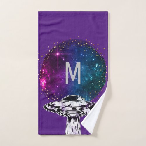 Flying  purple saucer  in the artistic galaxy hand towel 