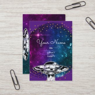 Flying  purple saucer  in the artistic galaxy square business card