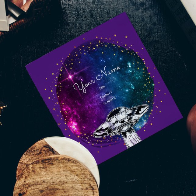 Flying  purple saucer  in the artistic galaxy square business card (Creator Uploaded)
