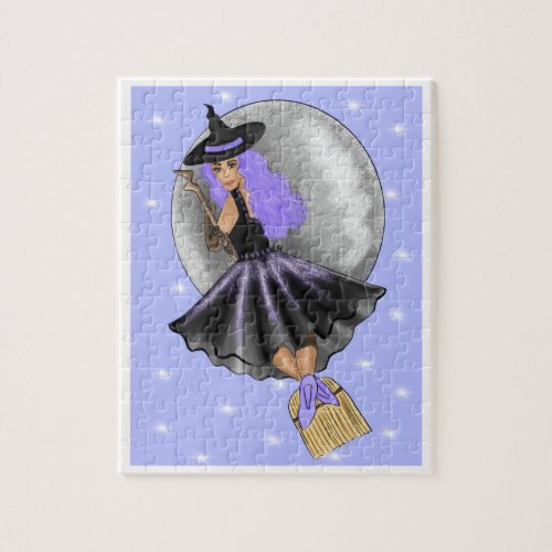 Flying Purple Witch On A Broomstick Jigsaw Puzzle