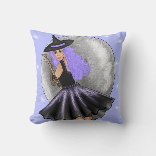 Flying Purple Witch Throw Pillow